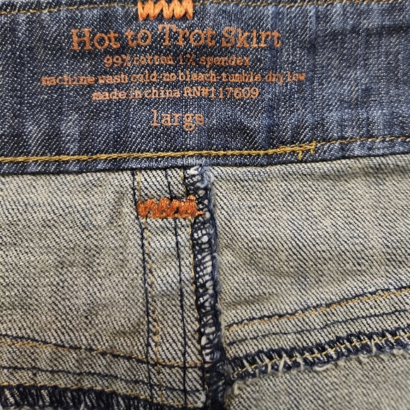 HOT TO TROT Retro Denim Mini Skirt Orange Stitching Above Knee Blue, Women's L - Picture 6 of 6